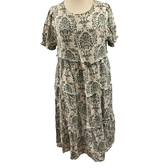 Dresses & Skirts - Green Damask Tiered Midi Dress Short Puff Sleeve Cotton Blend Pockets Cream #747